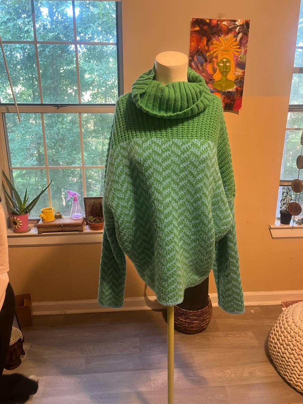 Oversized Green Two-Tone Cowl Neck Women's Sweater Fab-rik
